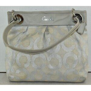 Coach Womens Ashley Signature Op Art Hippie Purse Silver Cream Shoulder Handbag